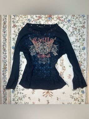 Rhinestone Long-Sleeve Women's Tee - Black Y2K